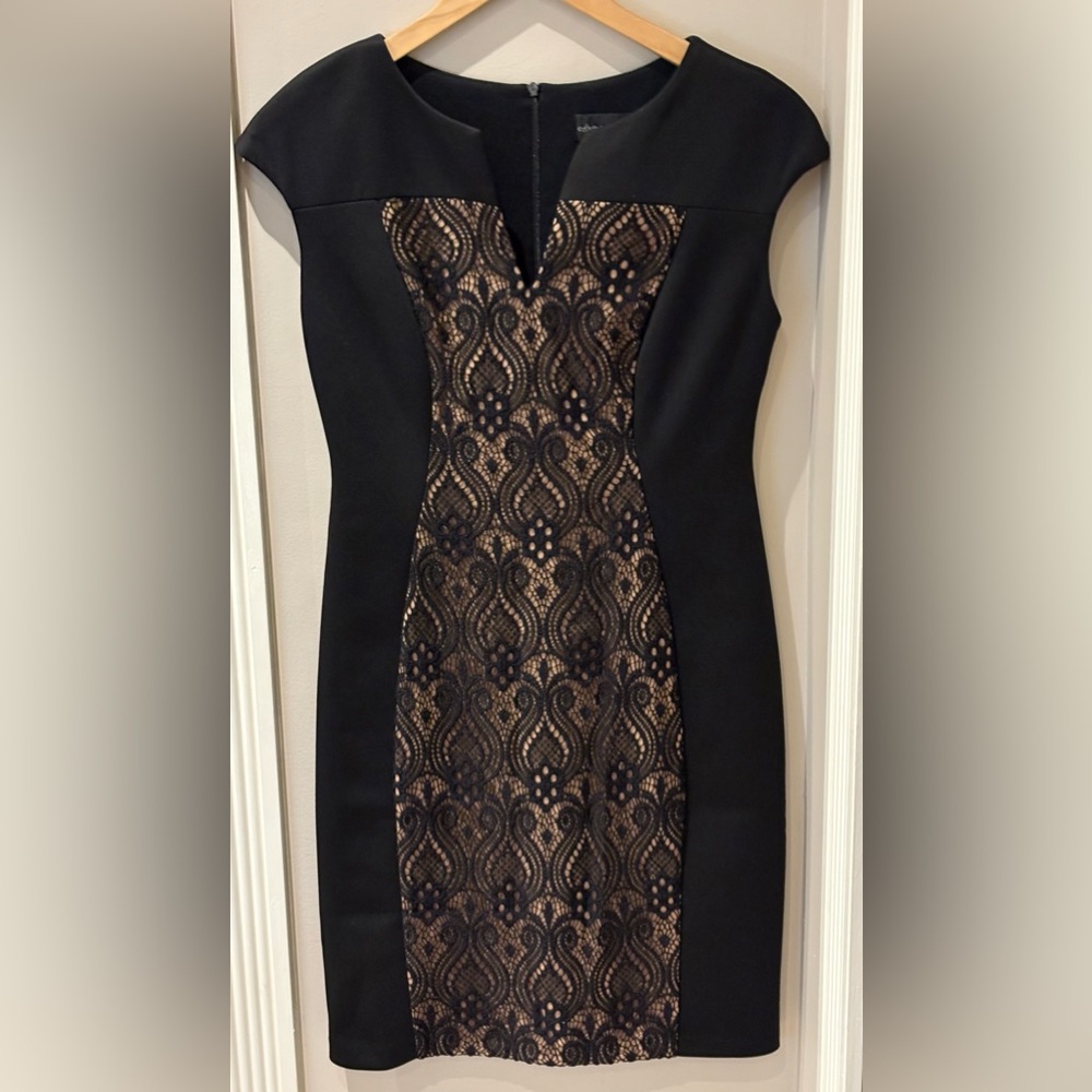connected apparel Black Lace-Panel Midi Dress with Nude Lining